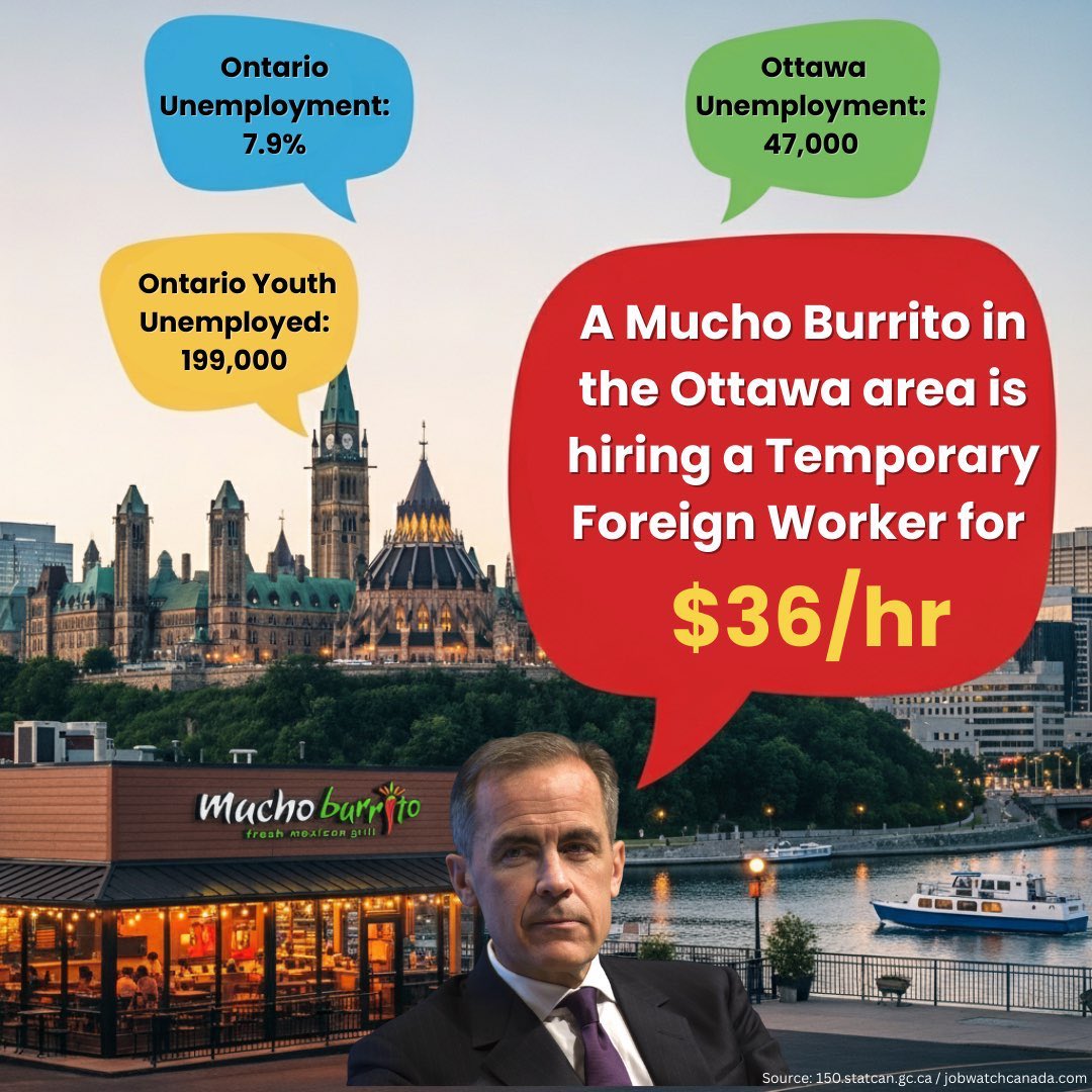 Day 10 of posting jobwatchcanada.com/jobs data!

Ottawa Unemployment: 47,000
Ontario Youth Unemployed: 199,000

But a Mucho Burrito in Carney's backyard wants to fill a job with a temporary foreign worker for $36/hr and he's going to let them!

End the TFW program, now.

🆘😒