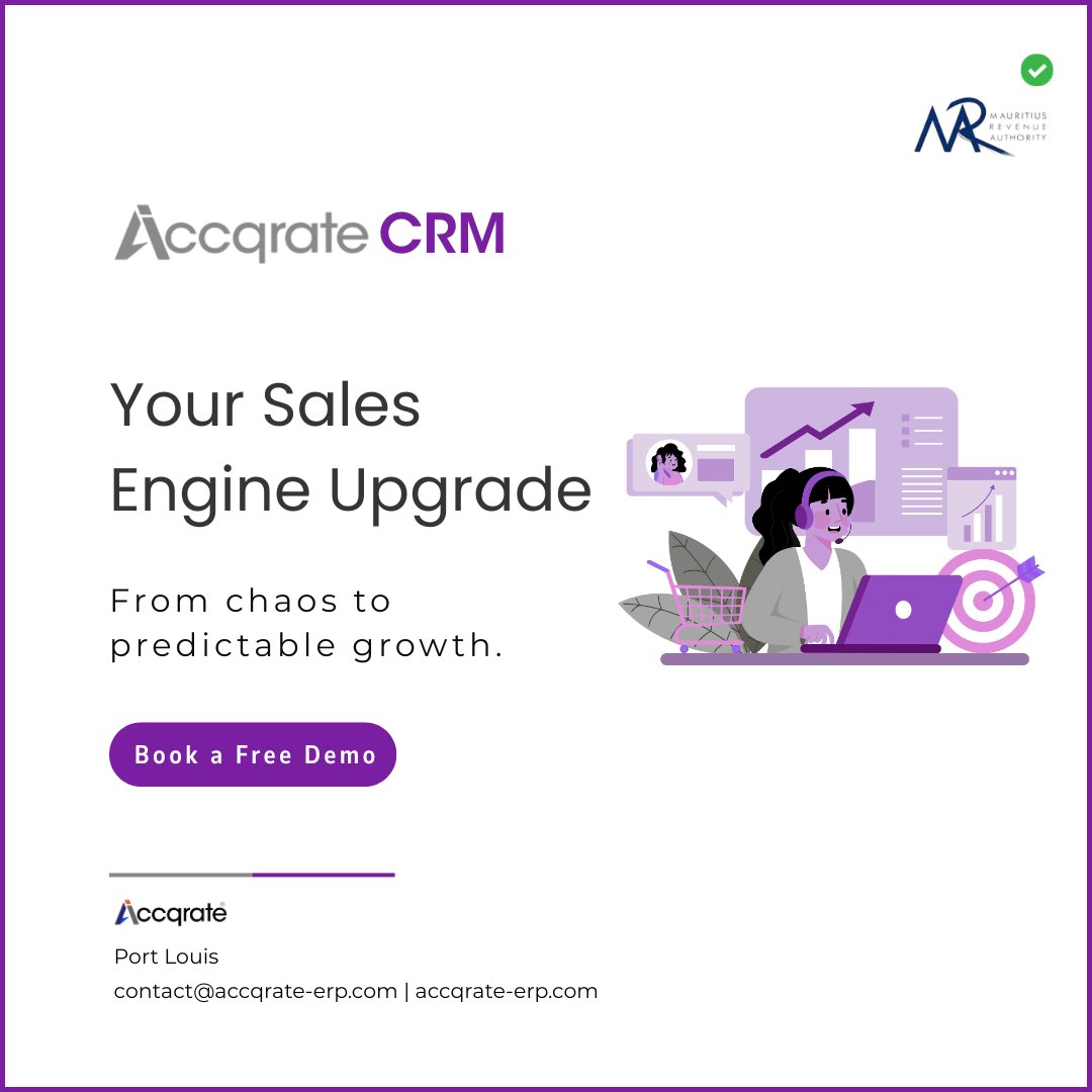AccqrateM's tweet image. From Chaos to Growth
Accqrate CRM drives predictable revenue with scalable pipelines—fully MRA ready.
#MRACompliance #MauritiusTech #SalesEngine #AccqrateCRM #Mauritius #MauritiusIsland #CRM #CustomerCare #sales