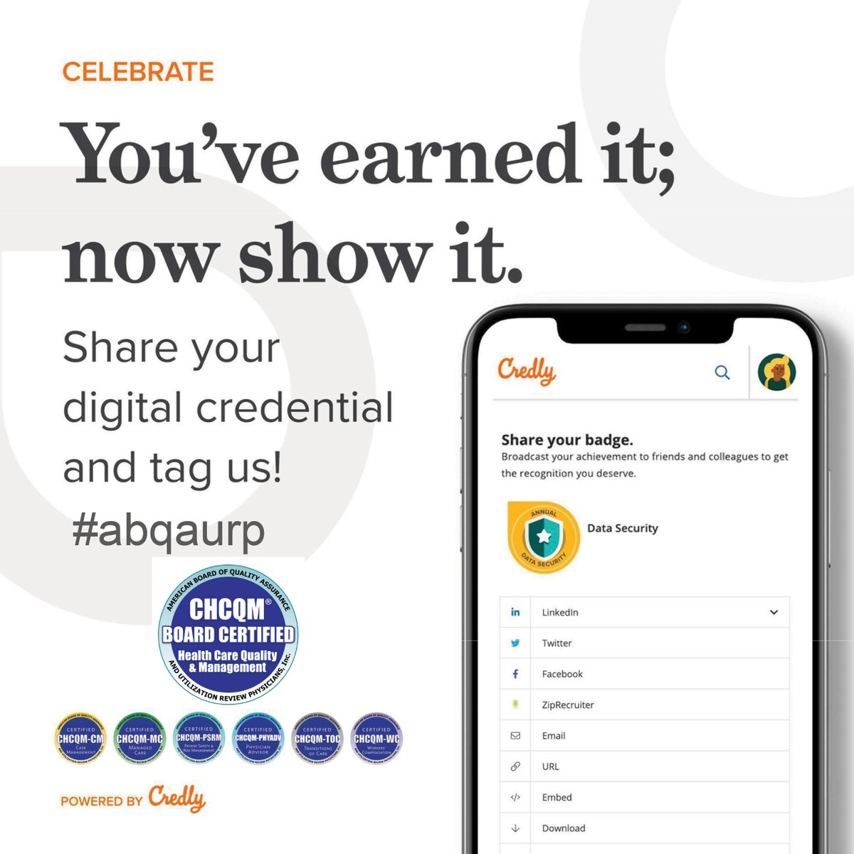 Promote your CHCQM certification with digital credentials! Showcase your accomplishments by displaying a digital badge on your LinkedIn profile, Facebook page, website, or email signature. Learn more about this member benefit! abqaurp.org/ABQMain/CHCQM_… #CHCQM #healthcare #hcquality