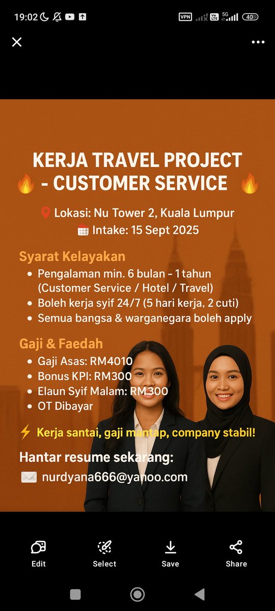 CleopatraNaix's tweet photo. 🔥 KERJA TRAVEL PROJECT – CUSTOMER SERVICE 🔥
📍 Lokasi: Nu Tower 2, KL
📅 Intake: 15 Sept 2025

⚡️ Kerja santai, gaji mantap, company stabil!

📩 Hantar resume sekarang:
📧 
nurdyana666@yahoo.com https://t.co/DMdXeMDC6k