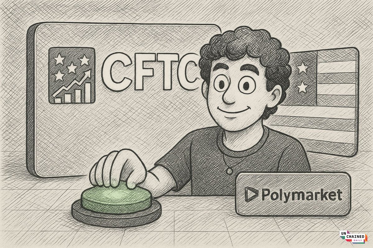 Illustration of CFTC approving Polymarket with a cartoon character pressing a button