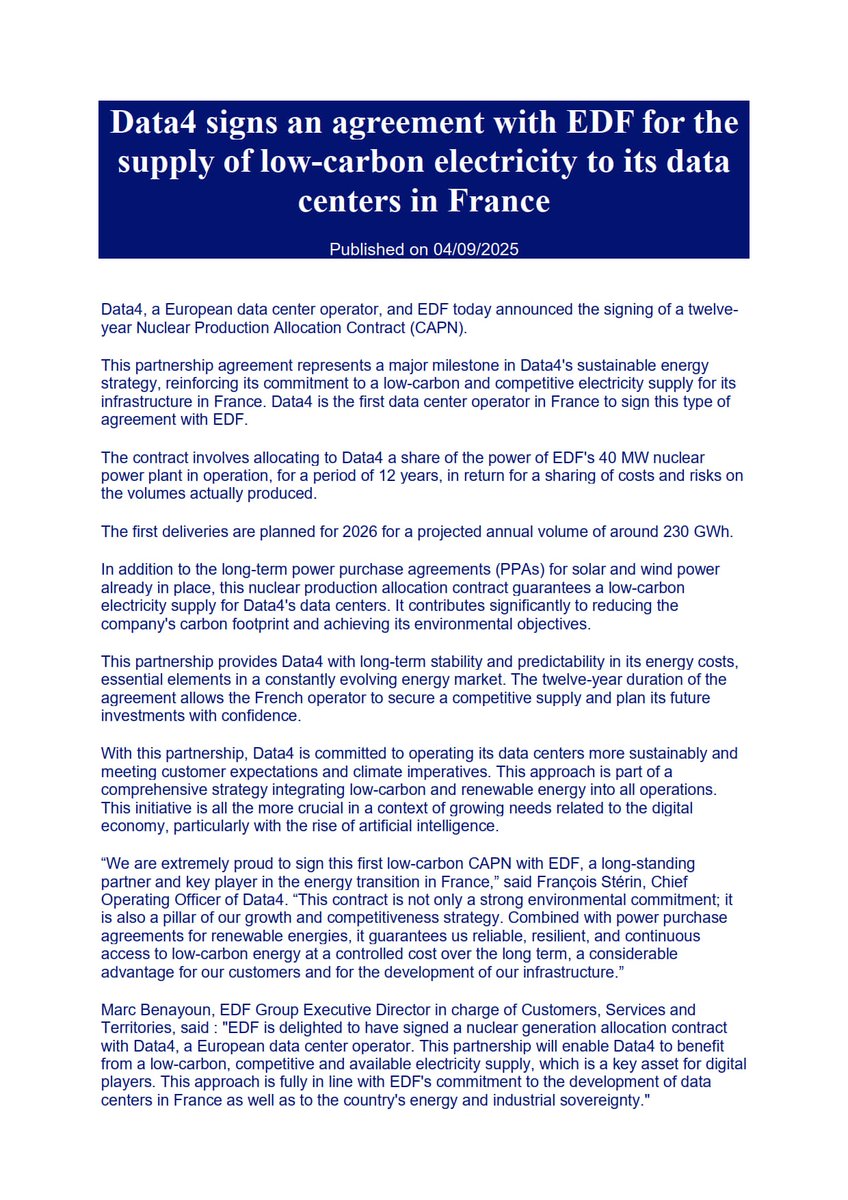 France / EDF
  
EDF announced Thursday the signing of a nuclear electricity supply contract with French data center operator Data4, the first of its kind in France, which has made its available, low-carbon nuclear electricity a key asset in attracting companies in this sector.