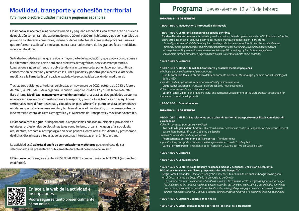 IV Simposio ciudades medias y pequeñas españolas unedtudela.es/simposiociudad… “Movilidad, transporte y cohesión territorial” febrero de 2026 <a href="/unedtudela/">UNED Tudela</a> con <a href="/SergioAndCab/">sergio andrés</a> <a href="/HdezEsteban/">Esteban Hernández</a> <a href="/mitecogob/">Transición Ecológica y Reto Demográfico</a> <a href="/nesiforum/">NESI</a> <a href="/SerafinPazos/">Serafín Pazos-Vidal @serafinpazos.bsky.social</a> <a href="/AVE_CyL/">🚄Usuarios AVE Castilla y León</a> <a href="/CPerfect33/">Carlos Perfecto</a> <a href="/DiegoIsabel1/">Diego Isabel</a> y Sergio Tomé <a href="/Geografia_UOvi/">Departamento de Geografía. Universidad de Oviedo</a>