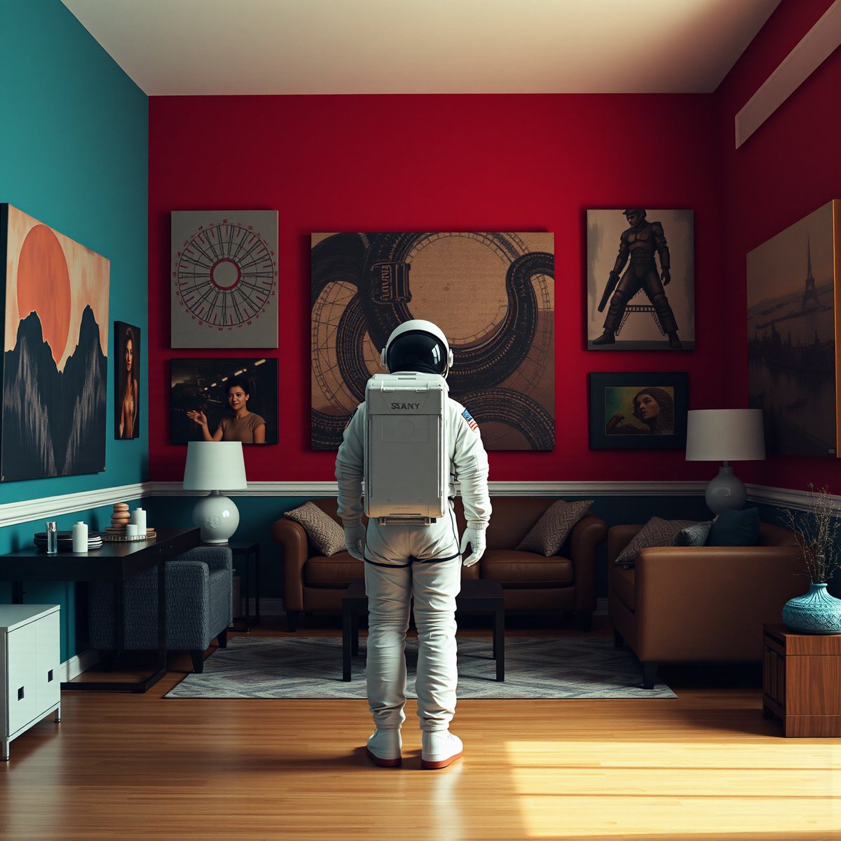 赤い壁と絵画がある居間で宇宙飛行士が考え込むシュールな画像