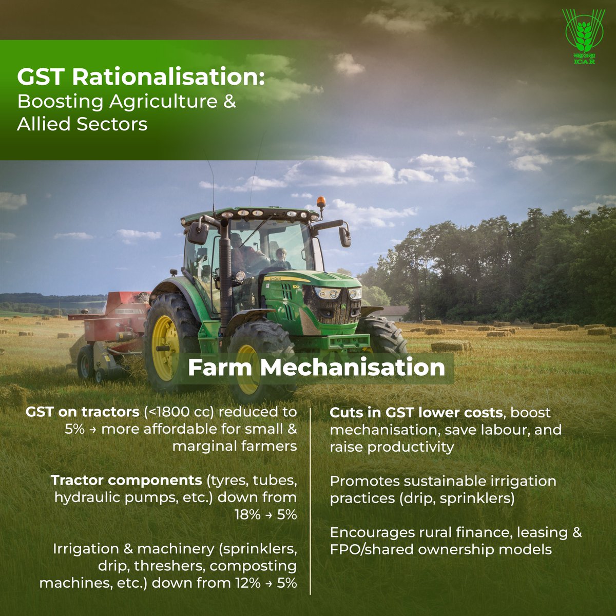 GST Rationalisation: Boosting Agriculture &amp; Allied Sectors #OneICAR #ICAR #GST <a href="/PMOIndia/">PMO India</a> <a href="/ChouhanShivraj/">Shivraj Singh Chouhan</a> <a href="/PIB_India/">PIB India</a> <a href="/AgriGoI/">Agriculture INDIA</a> <a href="/mygovindia/">MyGovIndia</a>  <a href="/FinMinIndia/">Ministry of Finance</a> <a href="/nsitharaman/">Nirmala Sitharaman</a>