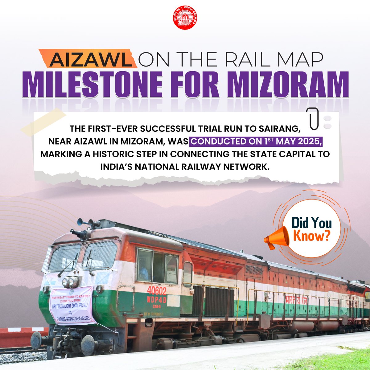 RailMinIndia's tweet image. #DidYouKnow
On 1st May 2025, the first-ever trial run to Sairang near Aizawl marked a historic step in connecting Mizoram’s capital to India’s railway network.