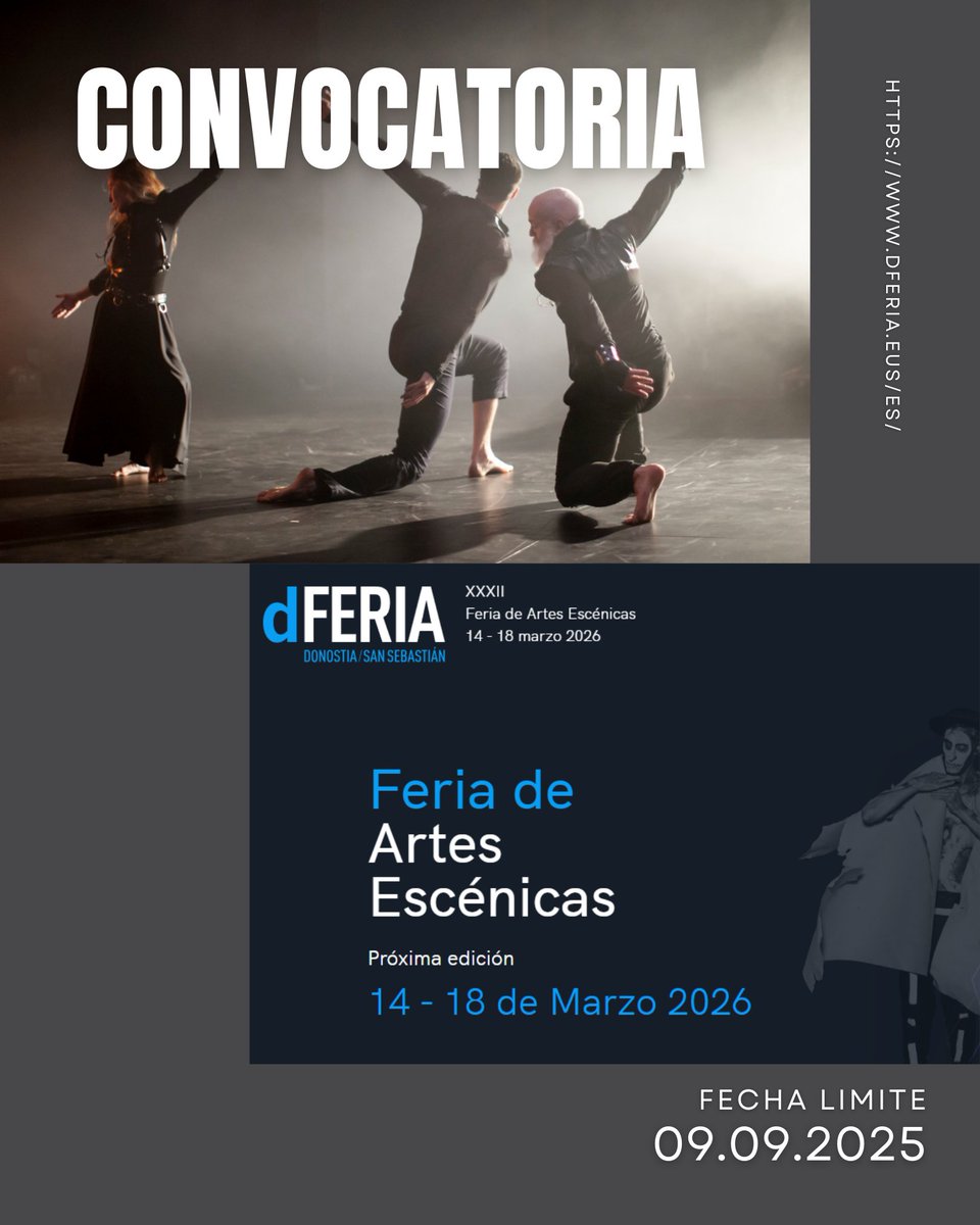 SGAE Artes Escénicas (@sgaeaaee) on Twitter photo 📢¡Convocatoria abierta! 📢La XXXII edición de DFeria  ya ha abierto su inscripción para compañías.
📅 Plazo hasta el 9 de septiembre de 2025.
🤝 Con el apoyo de #FundaciónSGAE
🔗 Más info:
tinyurl.com/yuaks53r
📷Fotografía por Gorka Bravo 📢¡Convocatoria abierta! 📢La XXXII edición de DFeria  ya ha abierto su inscripción para compañías.
📅 Plazo hasta el 9 de septiembre de 2025.
🤝 Con el apoyo de #FundaciónSGAE
🔗 Más info:
tinyurl.com/yuaks53r
📷Fotografía por Gorka Bravo