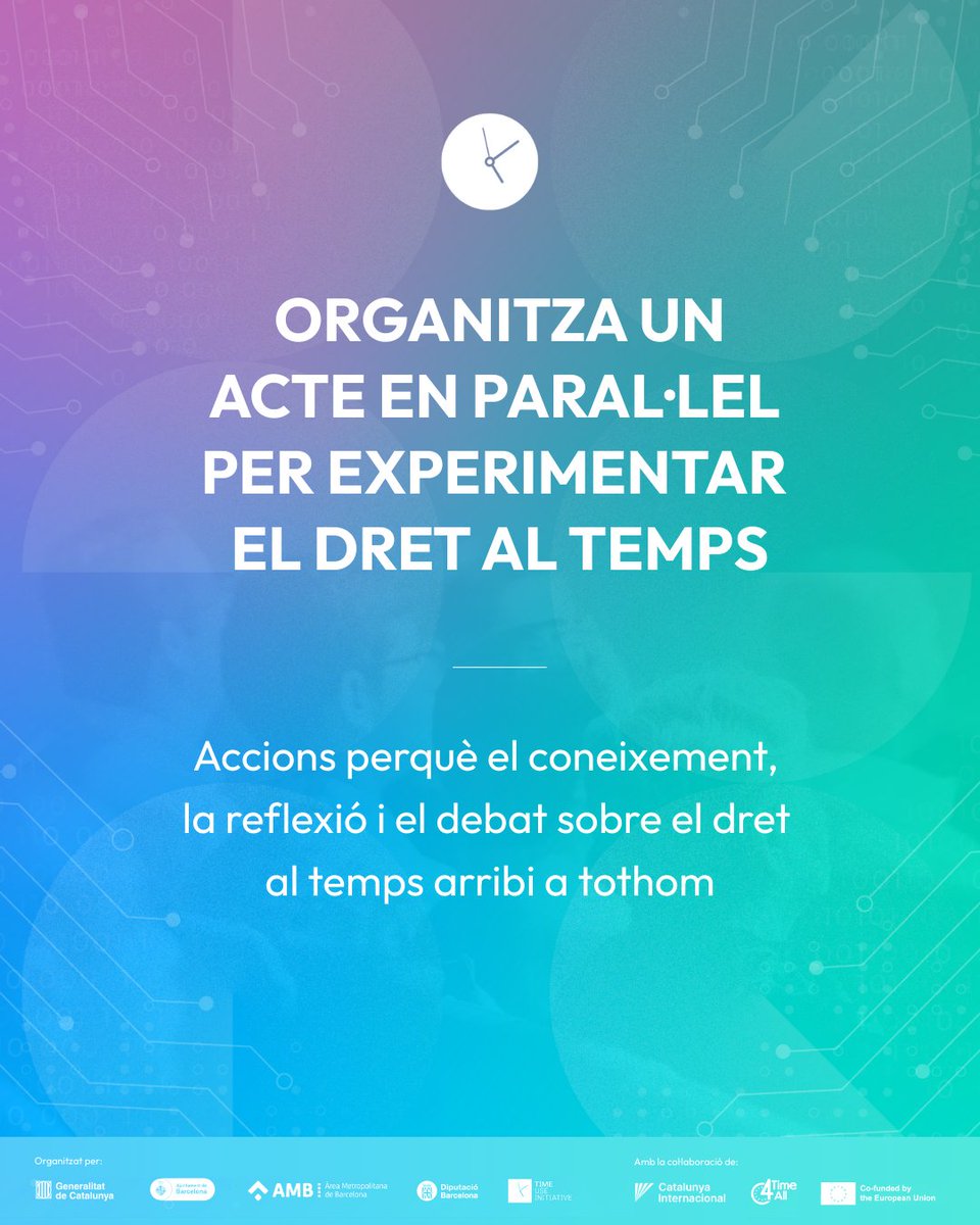 ⚠️ Formes part d’una empresa, entitat o ens local?

Creus que hem d’avançar cap a una organització del temps més saludable, justa, sostenible i eficient per a tothom?

👉Col·labora amb la #TUW2025 organitzant un acte en paral·lel sobre temps:
timeuse.barcelona/ca/actes-paral…