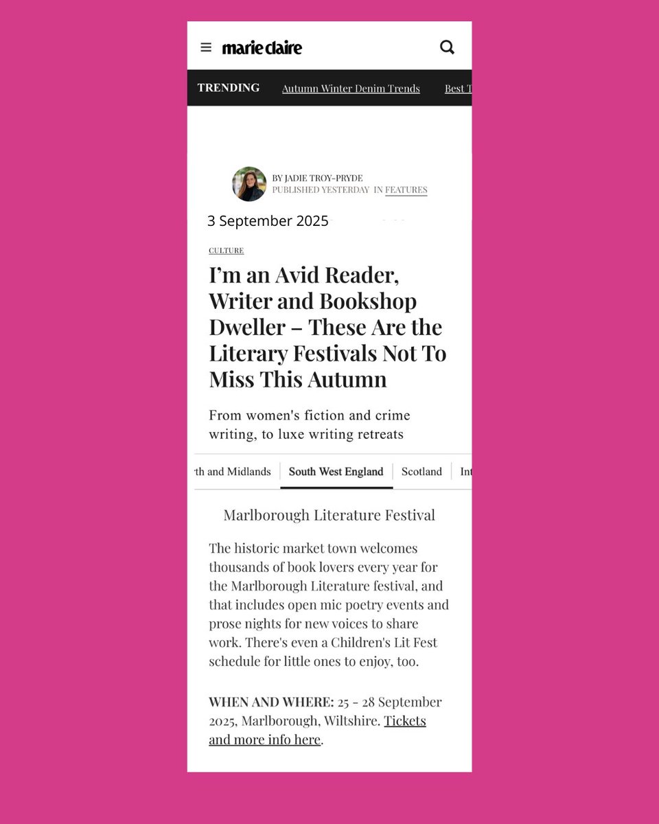 MarlbLitFest's tweet image. Big thanks @marieclaire @jadietp for including us in your round-up of Autumn #literaryfestivals🙏 We're excited to launch our festival on 25 September with 45+ events for all ages #fiction #nonfiction #poetry #childrensevents Tickets going fast 😍bit.ly/4lucBJd #MLF2025