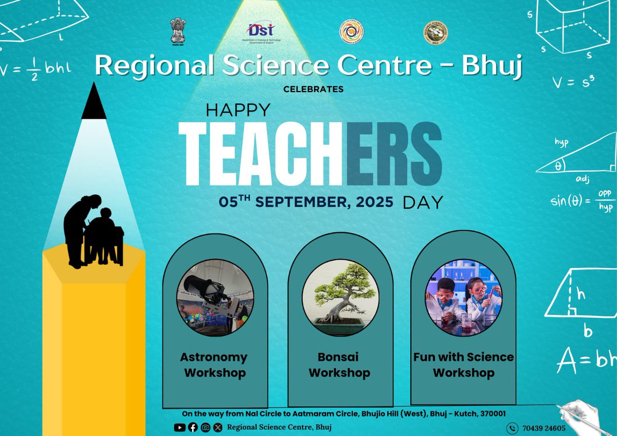 RscBhuj's tweet image. On occasion of #Teacher&apos;s Day, @RscBhuj is organising Workshop on #Astronomy#Bonsai &amp;amp; #Science #Experiments.
Get ready to celebrate the joy of #discovery and #learning  with fun on 5 th September 2025.