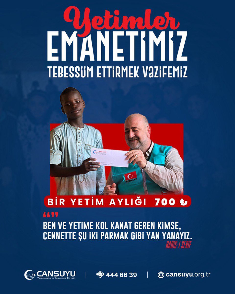 CansuyuMardin's tweet image. Yetimler emanetimiz,
Tebessüm ettirmek vazifemiz!

Bir yetim aylığı: 700 ₺

Online bağış için: cansuyu.org.tr/bagis
.
#cansuyumardin #cansuyu