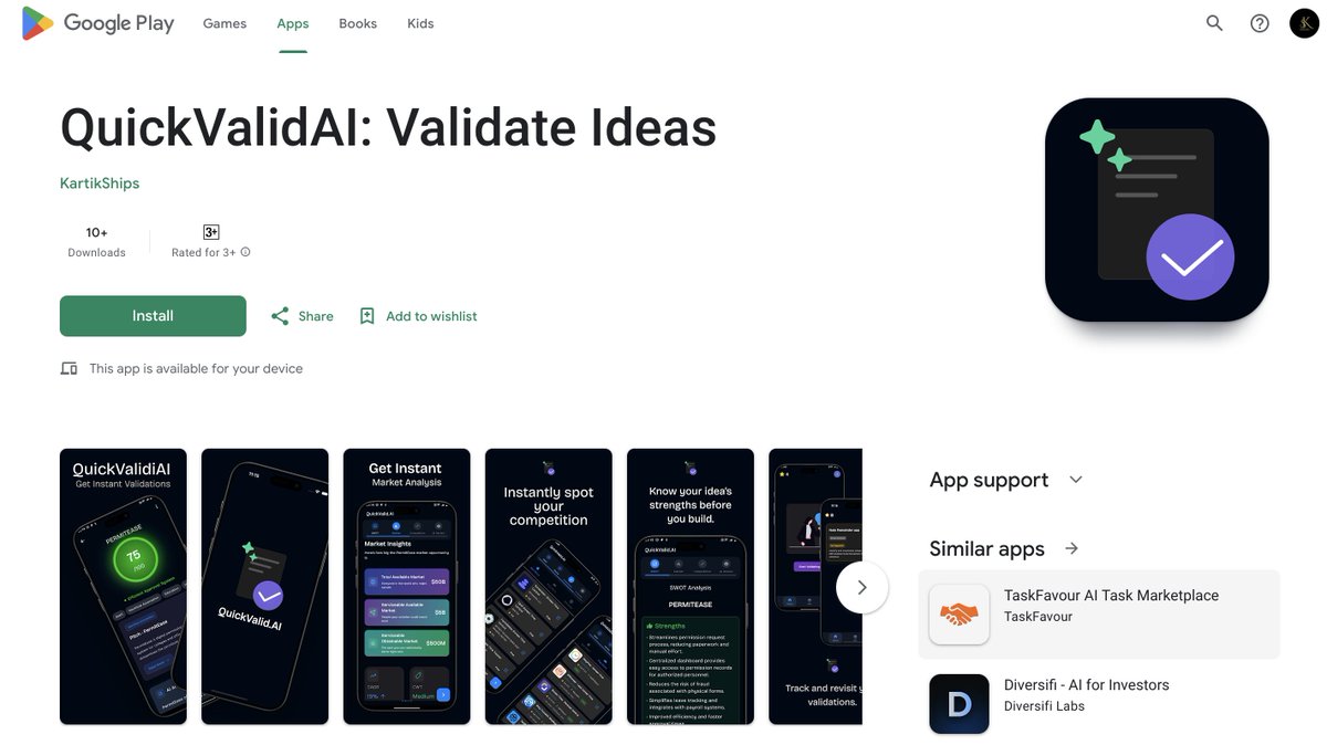 KARTIKEYA_S_1's tweet image. 🚀 After 20 days of building and almost 2 months wrestling with Play Console & deployments...
QuickValidAI is finally LIVE on Google Play
🎉This app helps you validate startup/app ideas before building. Built for students, dreamers, & hustlers like me.