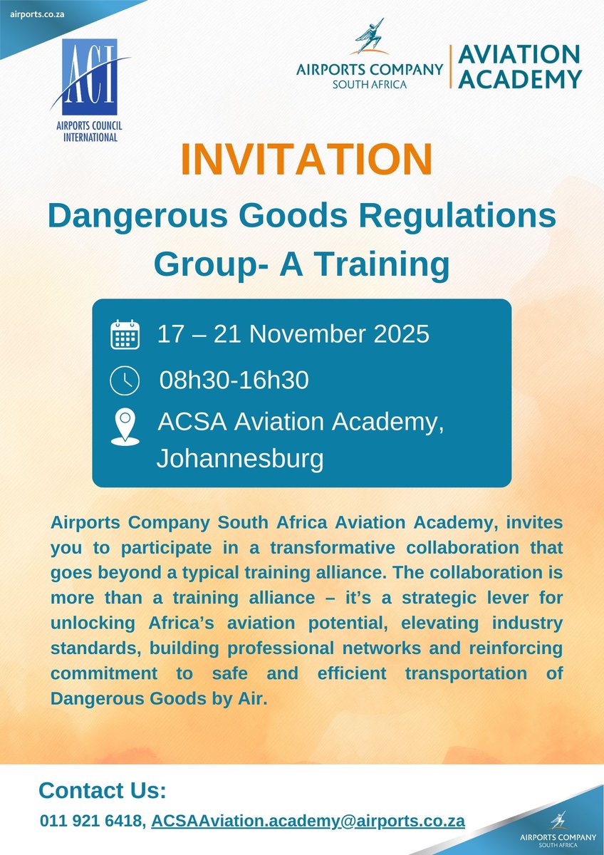 ✈️ Ready to level up your aviation skills? 🚨
Join us at ACSA’s Aviation Training Academy in Johannesburg for our upcoming Dangerous Goods Group-A Training Course. Stay compliant, stay safe, and take your career to new heights!

📍 Johannesburg | ACSA Aviation Training Academy
📅