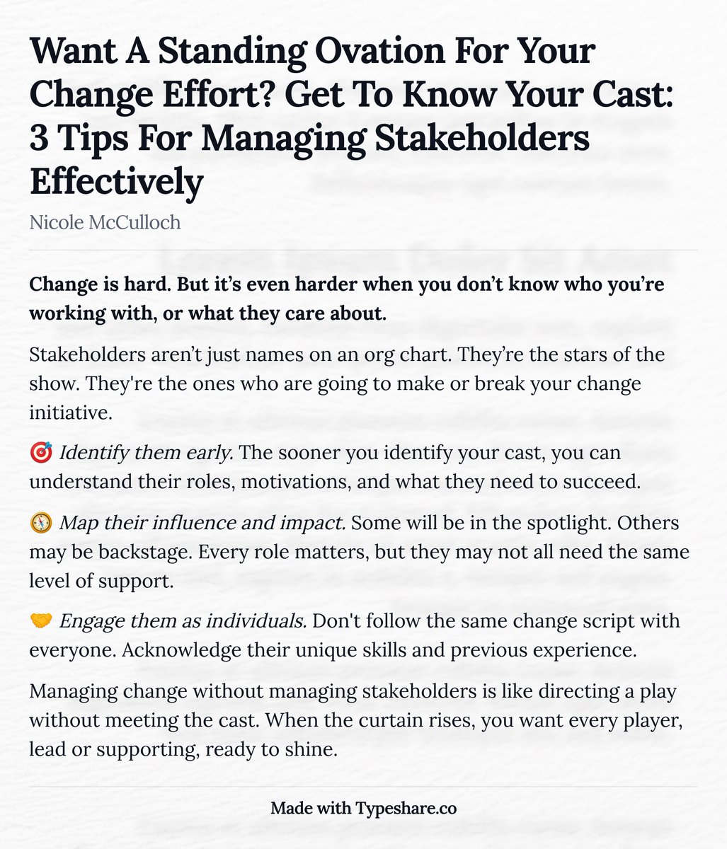 NicoleMcCull's tweet photo. Change is a production. Know your players, including those in supporting roles.

#changemanagement #changeleadership #transformation #stakeholderengagement #organizationalchange https://t.co/mv4TxbU94f