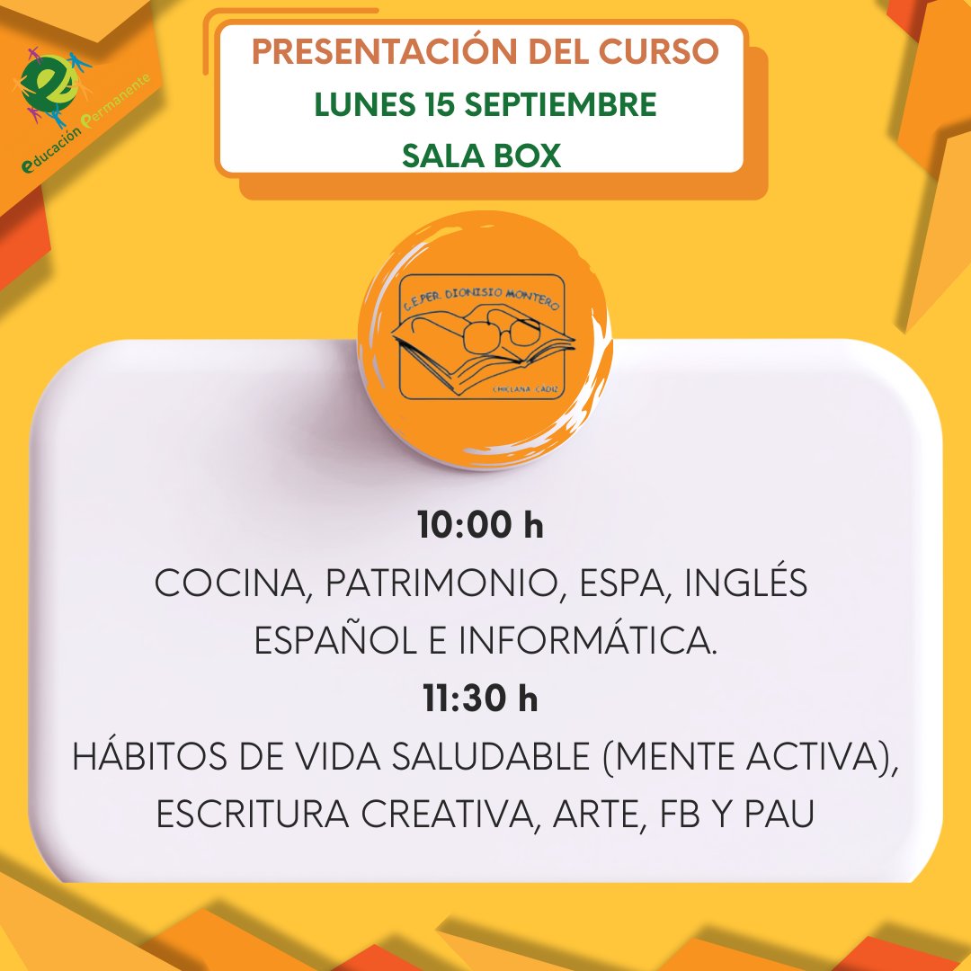 El próximo lunes 15 de septiembre comienza el curso escolar 2025/2026 en <a href="/edpermanente/">Educación Permanente Personas Adultas Andalucía</a> y en <a href="/CEPER_DIONISIO/">CEPER DIONISIO MONTERO</a> recibiremos al alumnado en la sala BOX en dos turnos organizados por los distintos planes. Os esperamos con mucha ilusión. <a href="/EducaAnd/">Consejería Desarrollo Educativo y FP</a>
