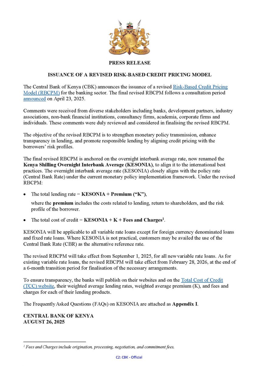 Kenya is overhauling the Risk Based Credit Pricing regime that has applied in the banking sector ever since the repeal of caps on lending rates in 2019. 

In simple terms, the way the interest on loans is calculated is being changed. 

Four things I think we all need to know: 

·