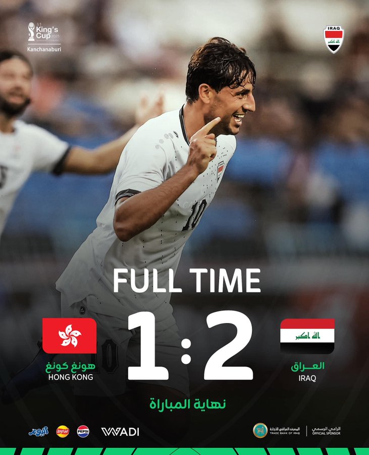 Mohanad Ali in a white soccer jersey with number 10, pointing forward on a field. Two other players in similar jerseys are partially visible. Text overlays show "FULL TIME" and a score of 1:2, with flags of Hong Kong and Iraq, and logos including King\'s Cup and WA\'DI.