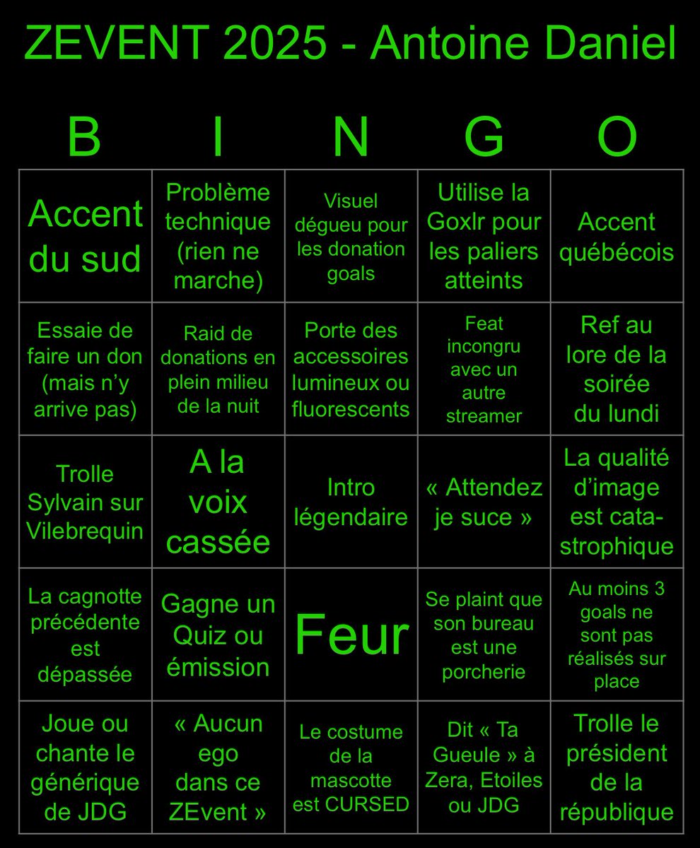 elgie_1606's tweet image. Il est là, il est tout chaud : c’est le Bingo du ZEvent 2025 pour Antoine Daniel 💚🖤💚 #ZEVENT2025 

(RT svp pour que la commu le voit)

bingobaker.com/#68b975ddbab22…