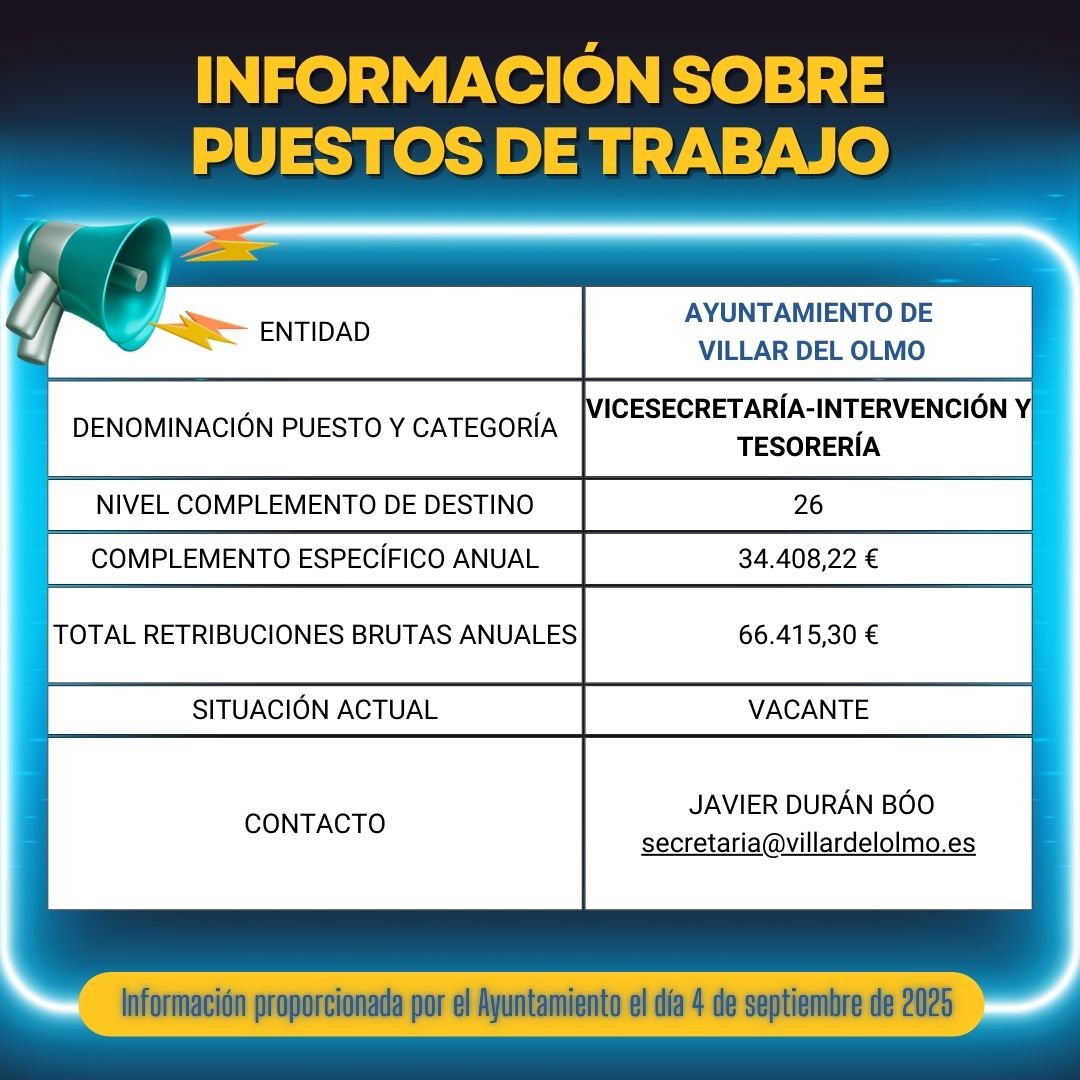 INFORMACIÓN SOBRE PUESTOS DE TRABAJO: AYUNTAMIENTO DE VILLAR DEL OLMO