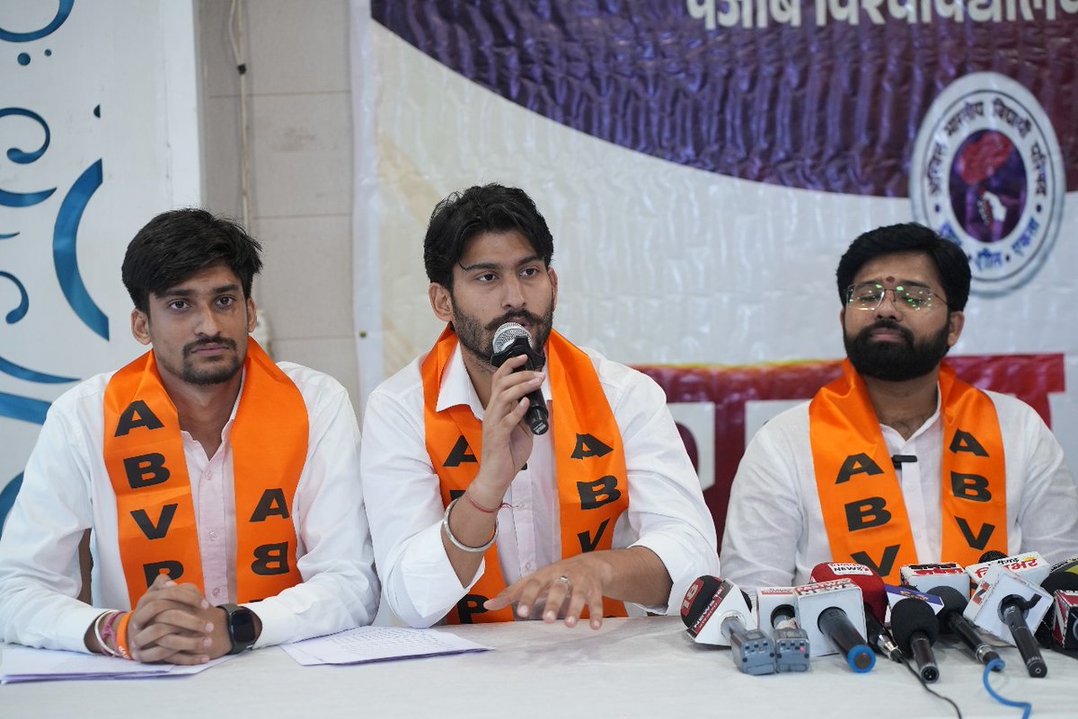 ABVP’s National General Secretary <a href="/DrVirendraSS/">Dr. Virendra Singh Solanki</a> addressed a press conference in Chandigarh today, highlighting the historic victory of ABVP’s Gauravveer Sohal in the PUCSC Elections 2025. He praised the students of Panjab University for their overwhelming support towards the