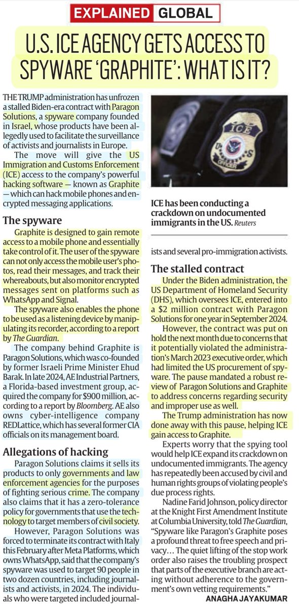 imRavikantYadav's tweet image. U.S. ICE agency gets access to spyware 'Graphite' : What is it?
:Details by Ms Anagha Jayakumar
#graphite #Spyware #Hacking #Software #ParagonSolutions #USA #ICE
#Israel
#Technology
#UPSC
Source: IE