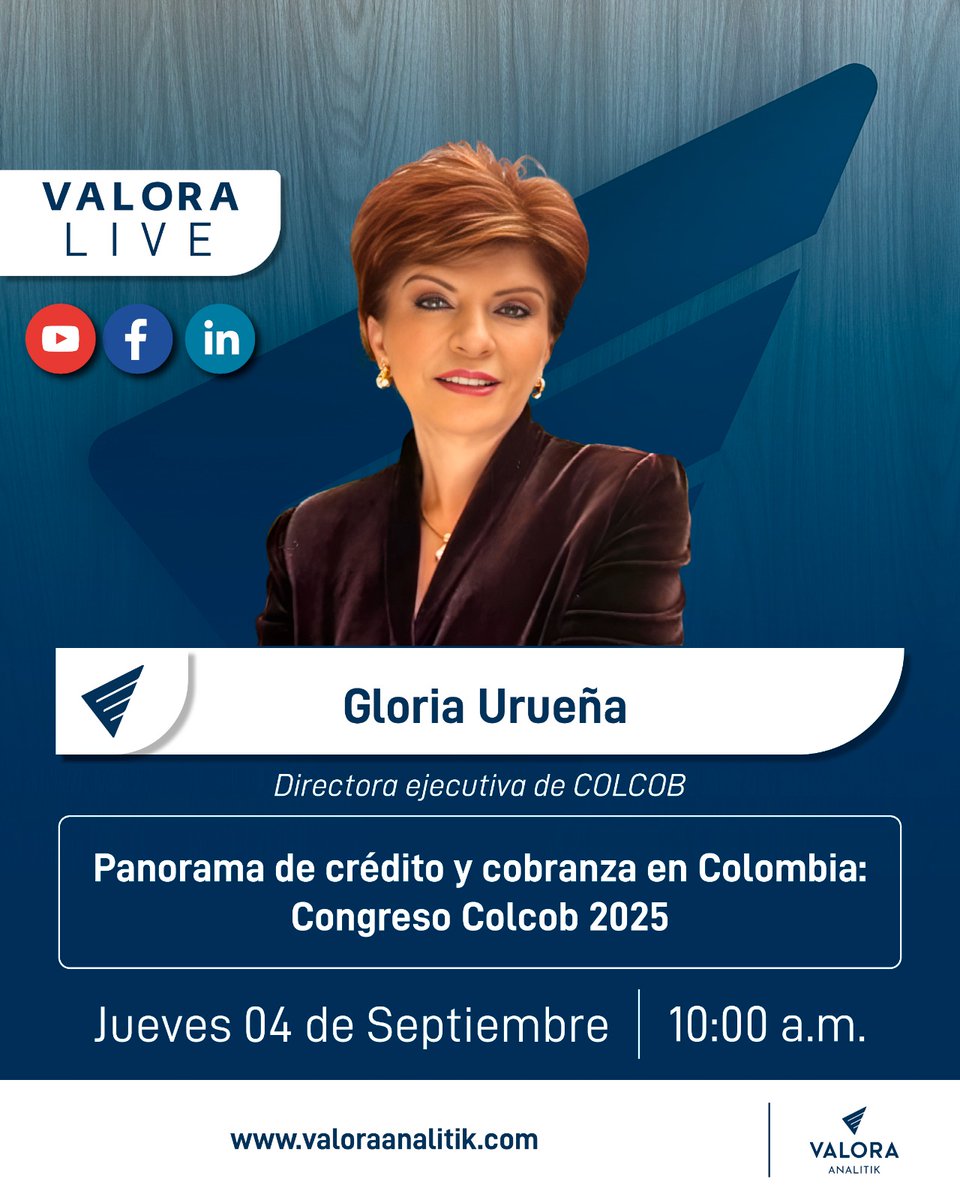 🔴 #ValoraLive con Gloria Urueña directora ejecutiva de Colcob (Asociación Colombiana del Ecosistema de Crédito, Cobranza y BPO) 
<a href="/Colcob_Colombia/">COLCOB</a>
 
Hoy a las 10:00 a.m. en #valoralive hablaremos sobre hacia dónde va este sector y cómo las personas pueden aprovechar el