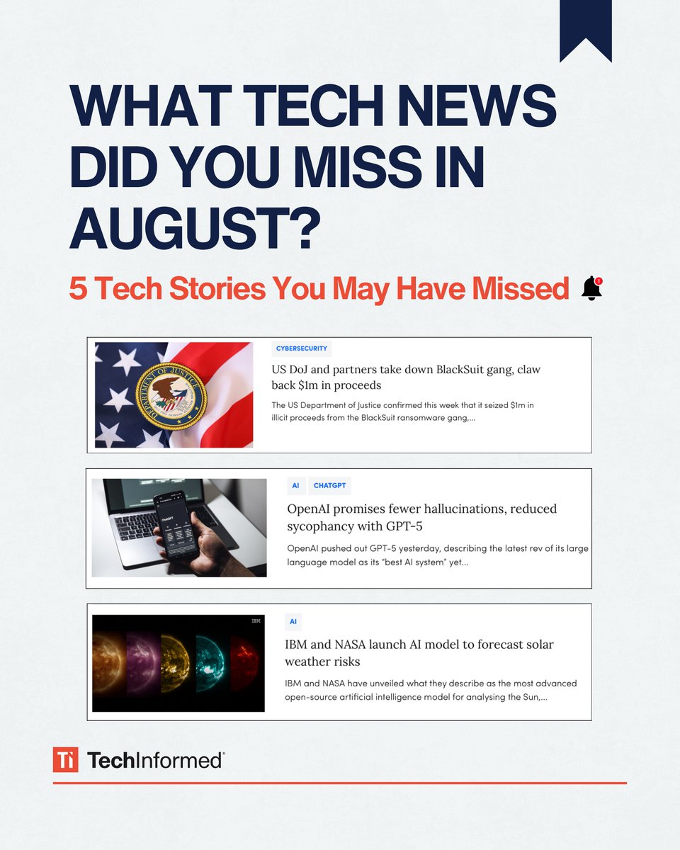 TechInformed's tweet image. Tech this August was full of surprises.

From predicting solar storms to AI helping prevent crime, August showed us how technology is shaping the world we live in.

Here are 3 stories you need to catch up on 👇

#TechNews #ChatGPT #NASA #IBM
