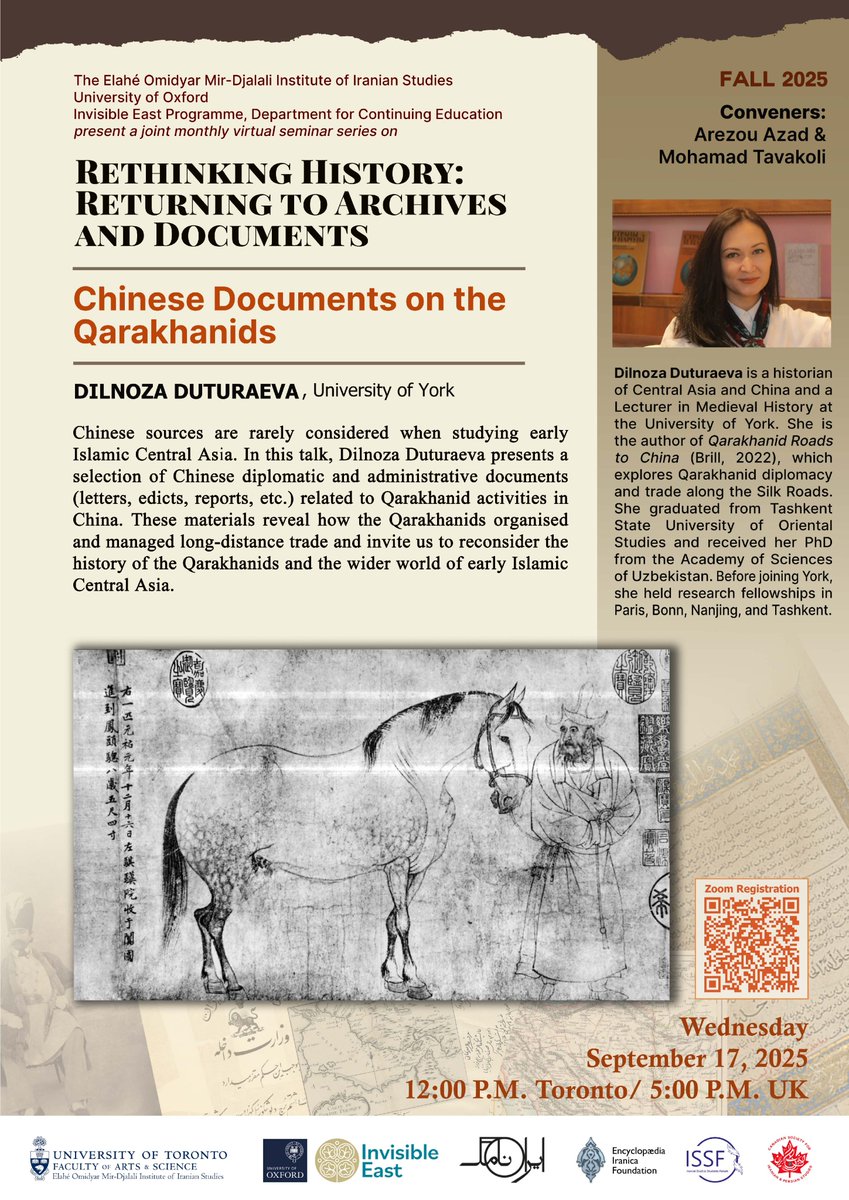 📢 Book now for the next seminar in 'The Rethinking History: Returning to Archives and Documents' series.
  
📆 17 September, 5pm BST.   

🎙️Dilnoza Duturaeva on 'Chinese Documents on the Qarakhanids'.   

🔗Register at bit.ly/ChineseDocsQar… 

#documents #medievalist #history