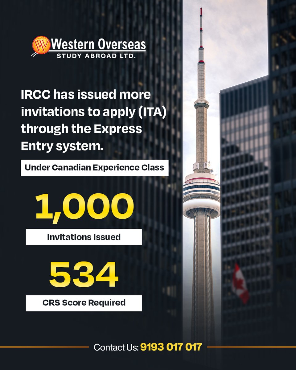westernoverseaa's tweet image. 🚀 Exciting update for Canada PR seekers!
#IRCC has issued 1,000 more ITAs under the #CanadianExperienceClass  (CEC)🇨🇦.
👉 The minimum #CRSscore required is 534.

✨ Don’t miss your chance—begin your #CanadaPR journey today with #WesternOverseas!
📞: 9193017017

#workincanada