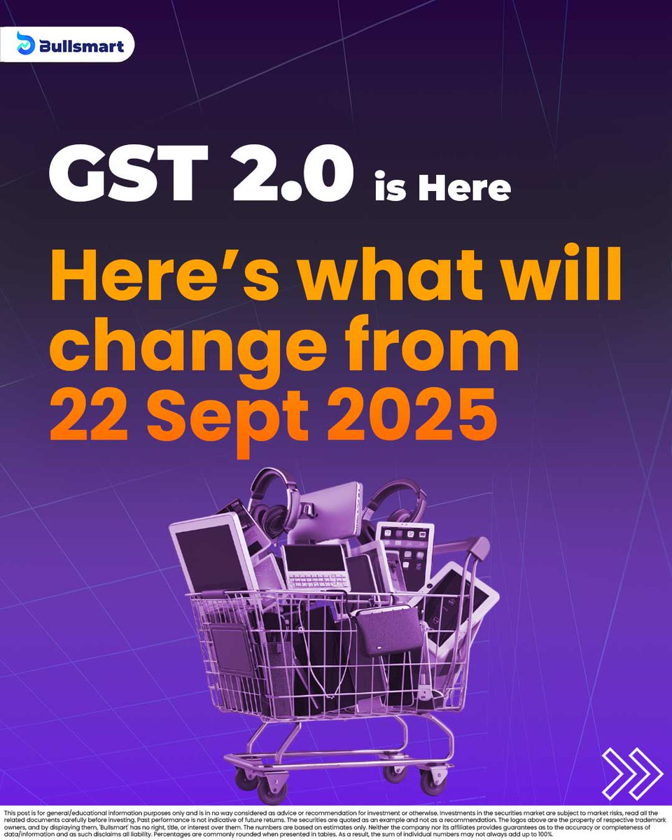 Bullsmartapp's tweet image. GST 2.0 lands Sept 22. Fewer slabs, cheaper essentials, and tax-free insurance. A big reform for both households and industries. Check the details in our carousel.  #gst20  #Bullsmart #GSTReforms2025 #GST2025