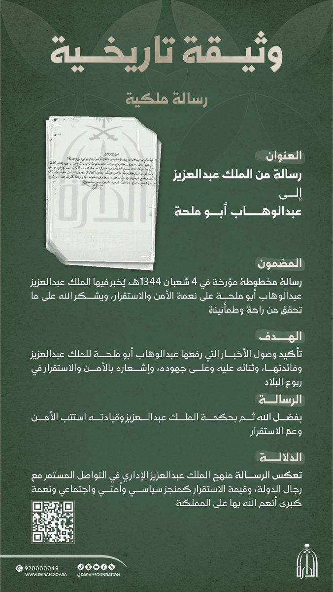 Darahfoundation's tweet photo. #وثائق_الدارة
الذاكرة الوطنية لا تُبنى من الأحداث وحدها، بل تُروى بما وثقته السطور.. رسالة من الملك عبدالعزيز تؤرخ لفترة أمن وازدهار، وتكشف عمق العلاقة برجال الدولة.
الوثيقة من مجموعة عبدالوهّاب أبو ملحة متاحة للاطلاع في مركز خدمات المستفيدين.
#دارة_الملك_عبدالعزيز https://t.co/nbIqNZsUyz