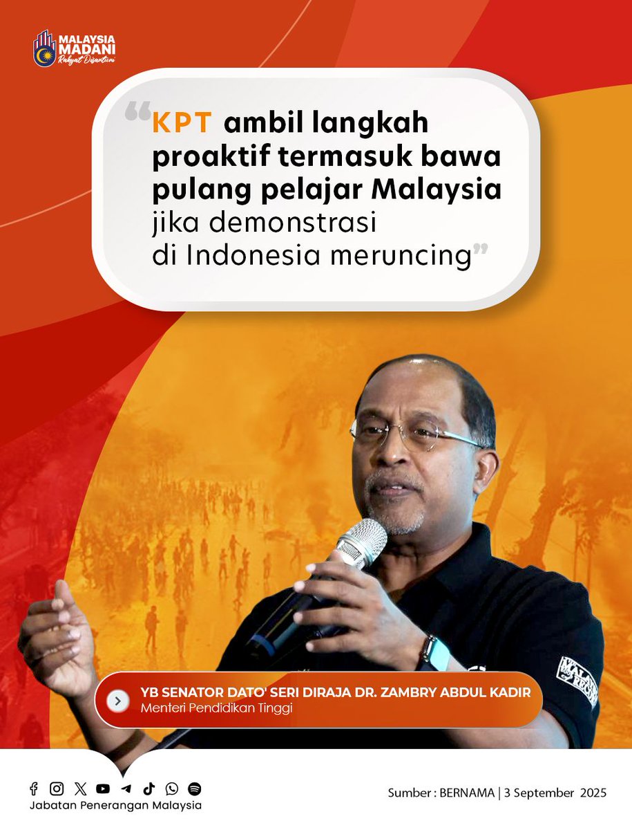 🎓 Terdapat 1,200 pelajar Malaysia sedang melanjutkan pelajaran di Indonesia.

🤝 Kerjasama erat dengan Kementerian Luar turut dijalankan untuk tindakan segera.

#RancakkanMADANI
#MADANIBekerja
#TaatSetia
#JabatanPenerangan