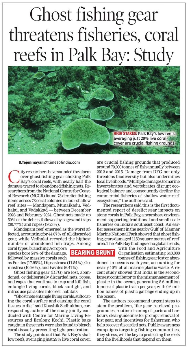 Reaearchers from <a href="/CentreCoastal/">National Centre for Coastal Research</a>
found fishing gear, abandoned by fishermen, to be damaging coral reefs in Palk Bay 

<a href="/PMOIndia/">PMO India</a> <a href="/CMOTamilnadu/">CMOTamilNadu</a> <a href="/mkstalin/">M.K.Stalin - தமிழ்நாட்டை தலைகுனிய விடமாட்டேன்</a> <a href="/moesgoi/">MoES GoI</a> <a href="/ANRFIndia/">Anusandhan National Research Foundation</a> <a href="/MoesNiot/">MoES NIOT</a> <a href="/cmlre_kochi/">Centre for Marine Living Resources and Ecology</a> <a href="/ESSO_INCOIS/">INCOIS, MoES</a> <a href="/CSIRNIOGoa/">CSIR-NIO GOA</a>