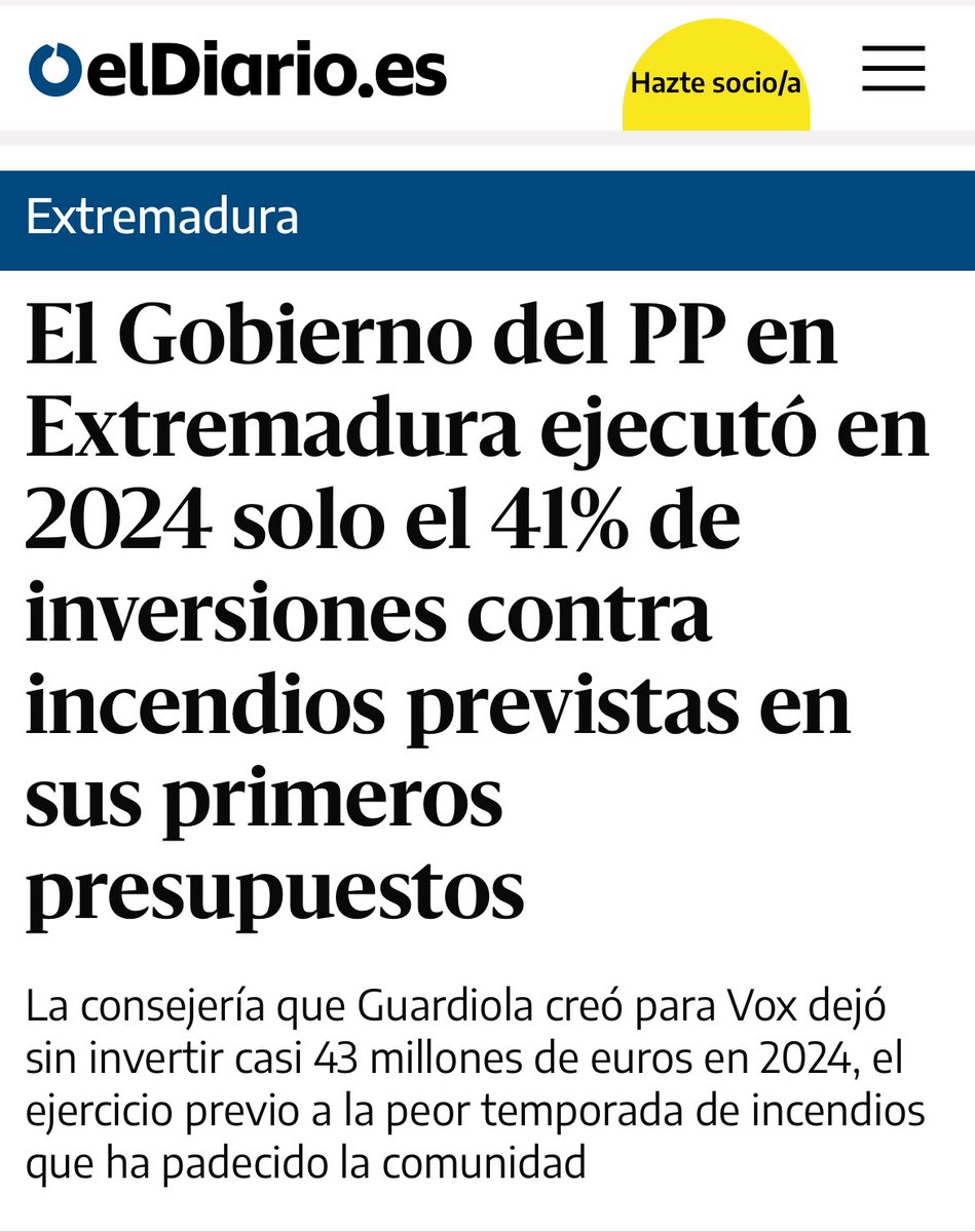 En 2024 Guardiola dejó sin gastar 43 millones y solo ejecutó el 41 % en prevención de incendios. Resultado: poca gestión, muchas fotos… y demasiado monte quemado. Su nefasta gestión desemboca en el mayor incendio de la historia de Extremadura