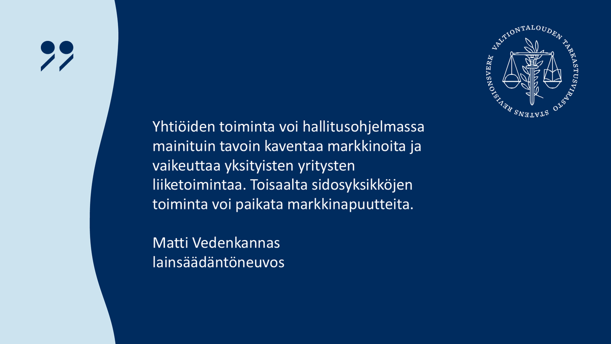 Selvitimme tarkastuksessamme valtion sidosyksikköhankintojen keskeisiä hyötyä, riskejä ja tehokkuutta.

Matti Vedenkannas kirjoittaa blogissaan muun muassa, millaisia oikeudellisia epäselvyyksiä sidosyksikköyhtiöiden ulosmyyntiin liittyy. 

Lue blogi 👉 vtv.fi/blogit/hyva-pa…
