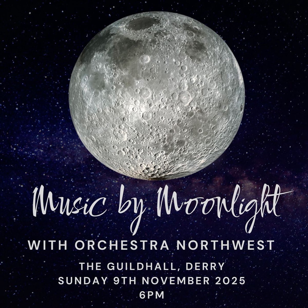 🌒 Save the Date!
Orchestra NorthWest presents: 
Music By Moonlight
🎶 Magical concert beneath the breathtaking Samhain Moon installation
📍 Guildhall, Derry
🗓 Sun 9th Nov 
🕕 6pm
An evening of spellbinding music in one of the city’s most iconic settings. 
Tickets on sale soon!