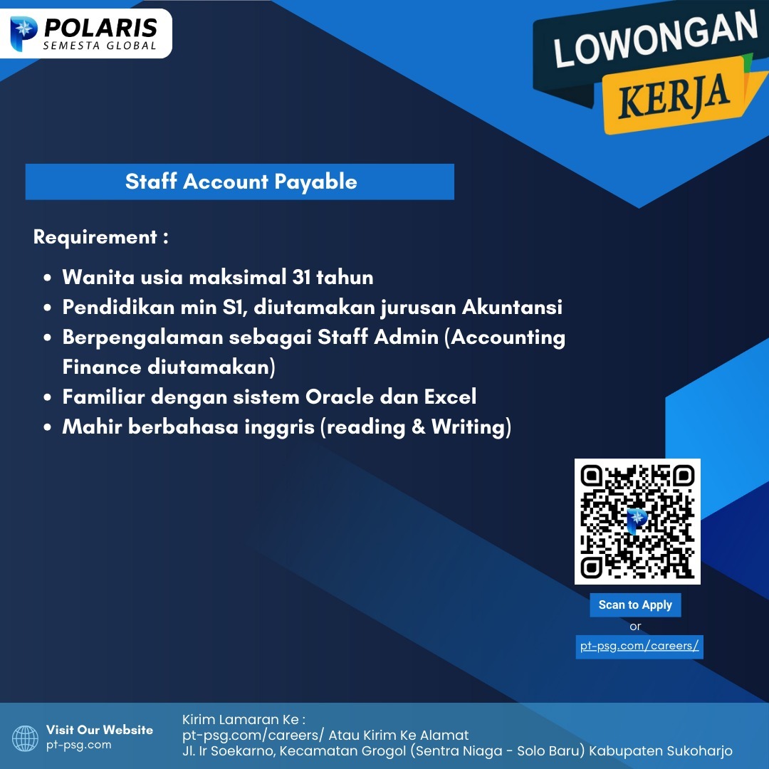 lokersoloraya's tweet image. Lowongan Kerja PT Polaris Semesta Global ✨

📍 Lokasi: Jl. Ir. Soekarno, Kec. Grogol (Sentra Niaga – Solo Baru), Kab. Sukoharjo
📩 Lamar di: pt-psg.com/careers/
#StaffAccountPayable #DeskCollection #FinanceJob #AdminJob #KarirSolo #LokerSukoharjo #HiringNow #infoloker