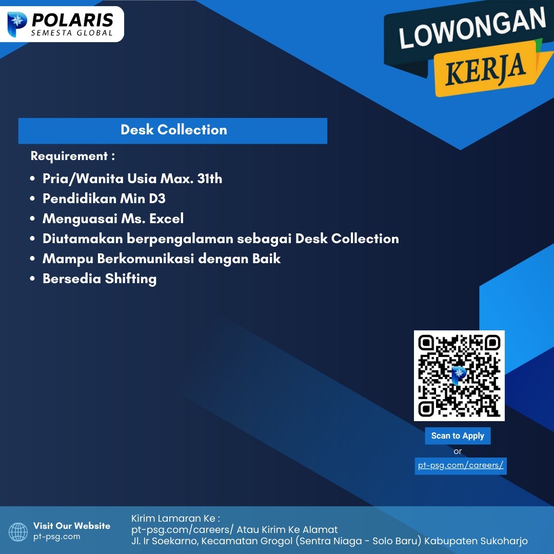 lokersoloraya's tweet image. Lowongan Kerja PT Polaris Semesta Global ✨

📍 Lokasi: Jl. Ir. Soekarno, Kec. Grogol (Sentra Niaga – Solo Baru), Kab. Sukoharjo
📩 Lamar di: pt-psg.com/careers/
#StaffAccountPayable #DeskCollection #FinanceJob #AdminJob #KarirSolo #LokerSukoharjo #HiringNow #infoloker