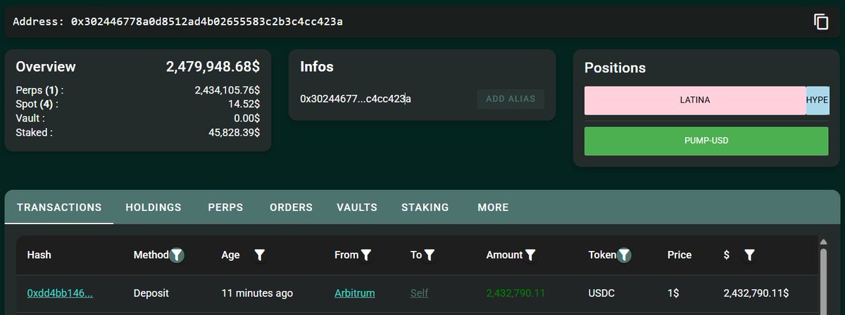 Screenshot of whale's overview on HyperLiquid showing $2.47M total value and perps position