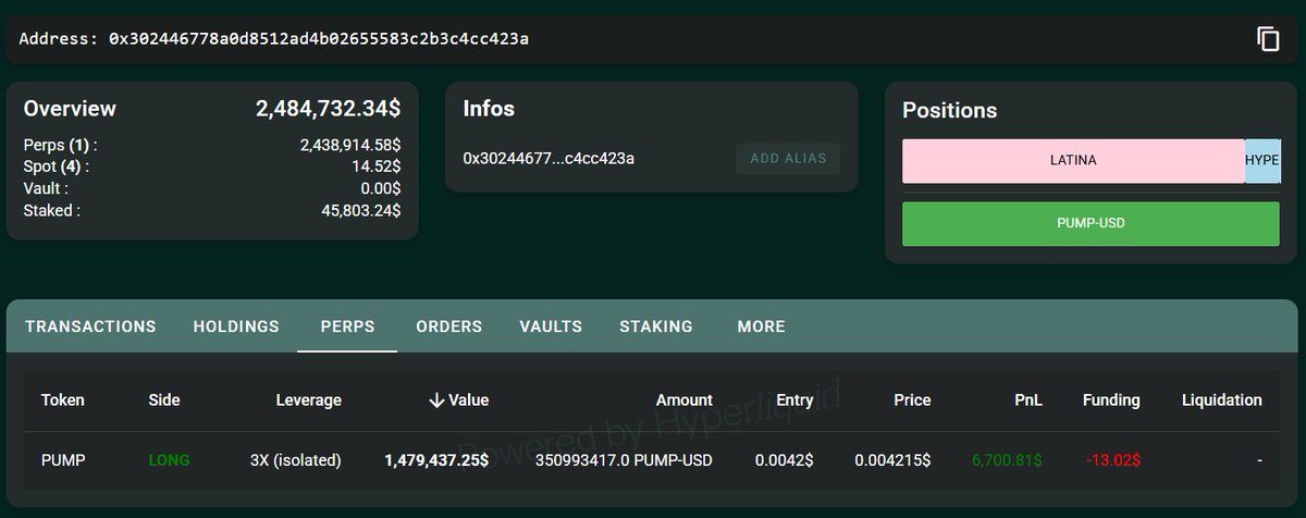 Screenshot of recent transactions on HyperLiquid whale address with $2.43M USDC deposit