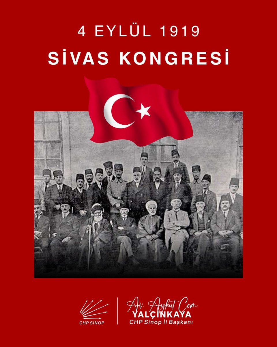 CHP Sinop İl Başkanlığı (@chpsinopil) on Twitter photo Cumhuriyetimizin temellerinin atıldığı Sivas Kongresinin 106. Yıl dönümünde başta Ulu Önderimiz Mustafa Kemal Atatürk ve silah arkadaşları olmak üzere Milli Mücadele kahramanlarımızı ve tüm şehitlerimizi saygı ve minnetle anıyoruz.
<a href="/aykutcc/">Av. Aykut Cem Yalçınkaya</a> Cumhuriyetimizin temellerinin atıldığı Sivas Kongresinin 106. Yıl dönümünde başta Ulu Önderimiz Mustafa Kemal Atatürk ve silah arkadaşları olmak üzere Milli Mücadele kahramanlarımızı ve tüm şehitlerimizi saygı ve minnetle anıyoruz.
<a href="/aykutcc/">Av. Aykut Cem Yalçınkaya</a>