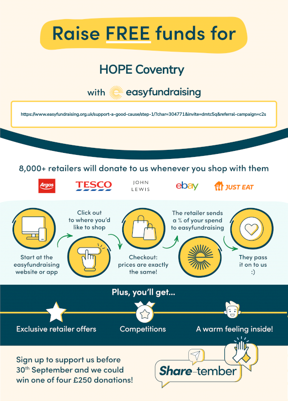 You can help HOPE #Coventry WIN one of four £250 donation prizes in <a href="/easyuk/">easyfundraising</a>'s giveaway this month! Sign up before the 30th September to give us an entry! Please get involved if you haven't already: join.easyfundraising.org.uk/hope-coventry/…