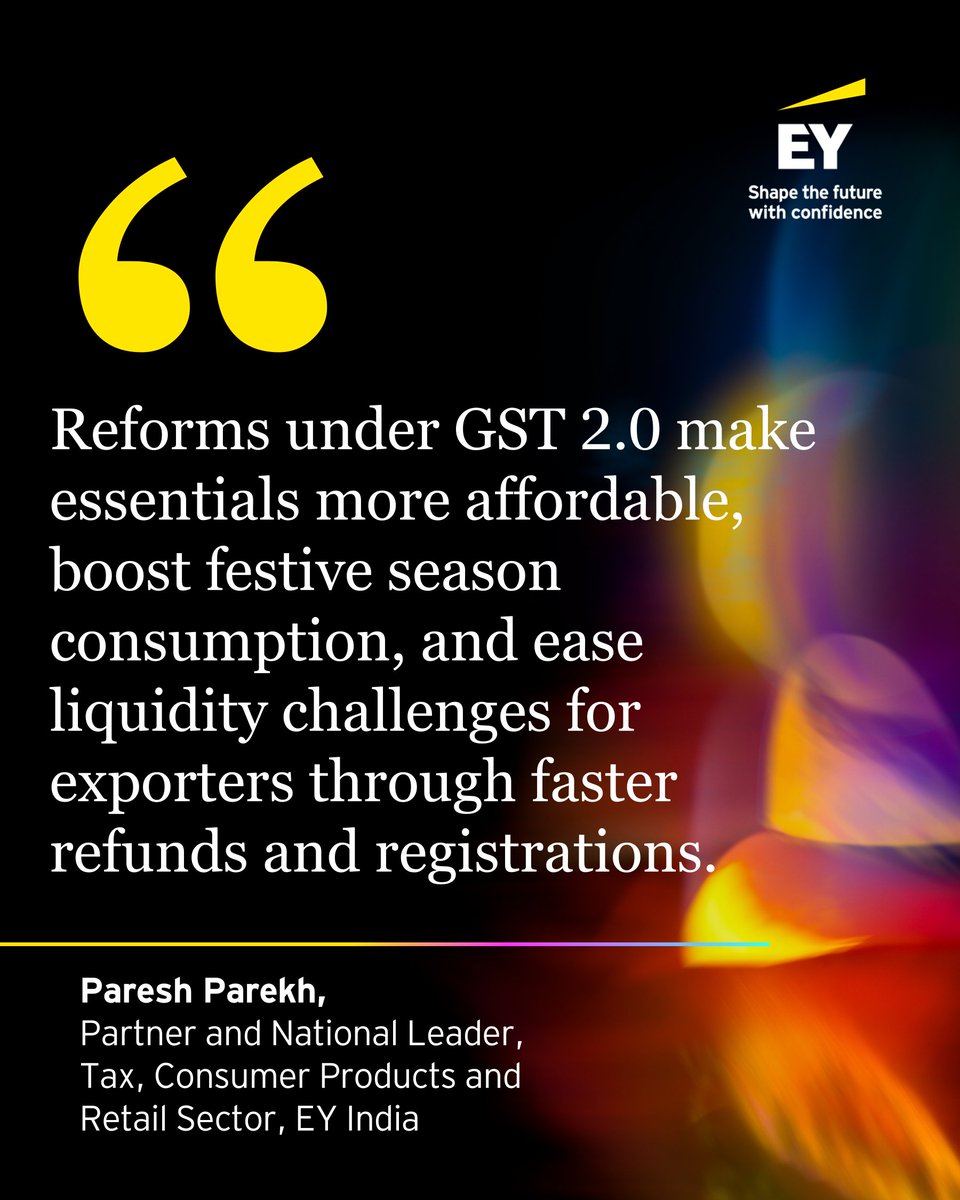 EY_India's tweet image. Paresh Parekh, EY India says GST reforms aim to boost affordability and festive demand, with faster registrations, quicker export refunds, and lower rates for garments and FMCG benefiting both businesses and consumers.

#GSTReforms #ConsumerGoods