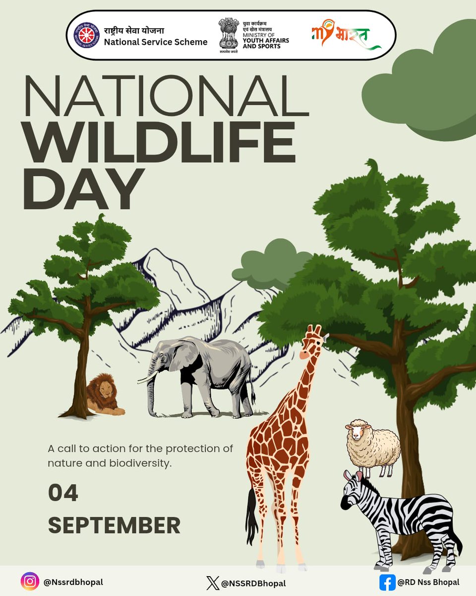 National Wildlife Day..

Let’s unite to protect our forests, wildlife, and biodiversity for a sustainable tomorrow. 
Every species matters, every action counts! 
#NationalWildlifeDay #ProtectNature #Biodiversity #NSSRDBhopal #ViksitBharat #SaveWildlife
<a href="/YASMinistry/">YAS Ministry</a> <a href="/PMOIndia/">PMO India</a>