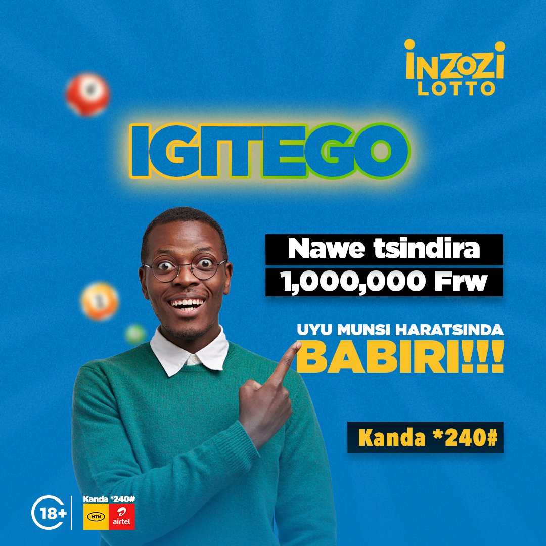 Uyu munsi umunyamahirwe si umwe gusa, ni BABIRI!!! 🎉 1,000,000 Rwf kuri buri umwe. 

Kanda *240# ukine #IgitegoMiliyoni... 

#TsindaDutsinde #InzoziLotto
