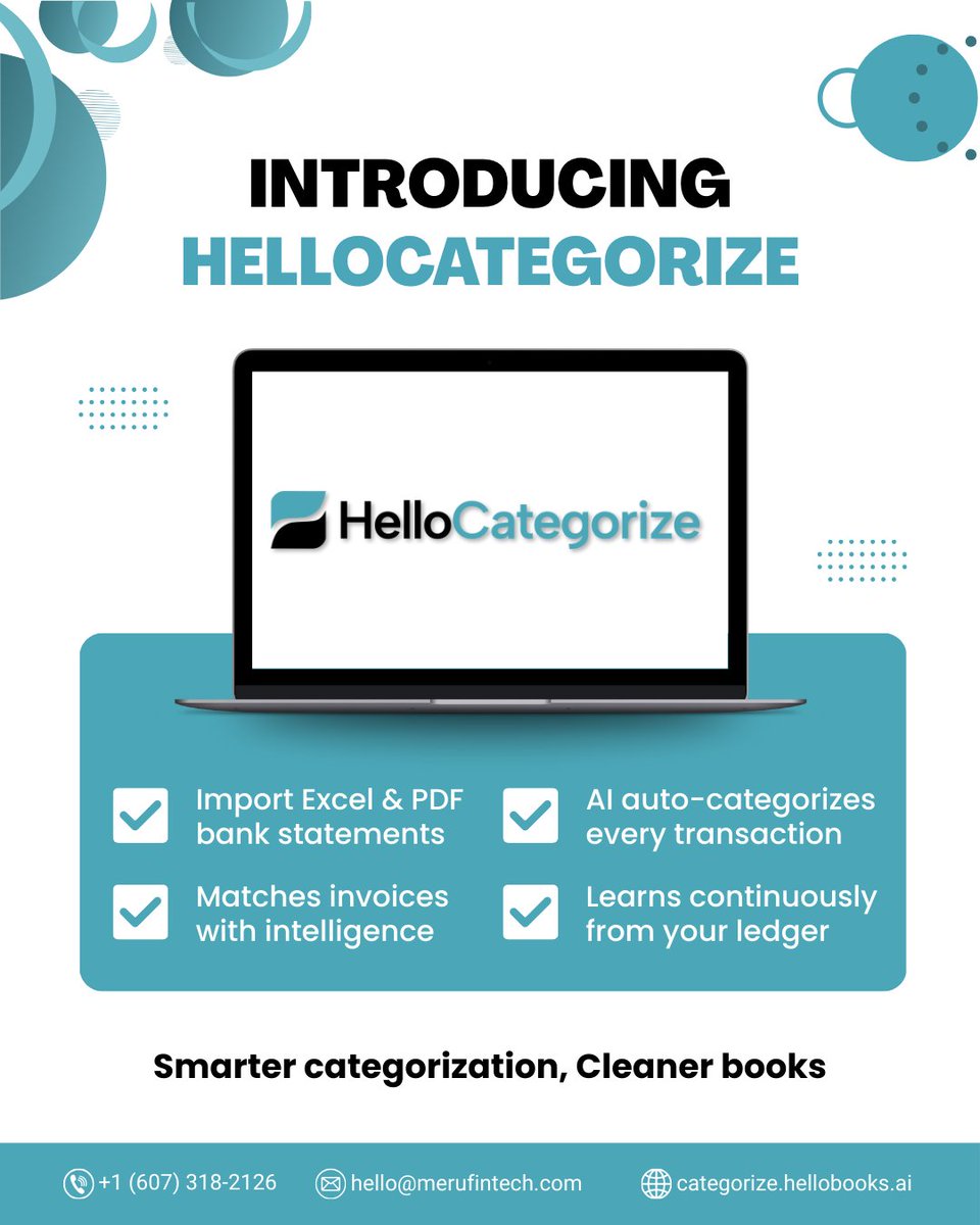 hellobooksai's tweet image. Meet HelloCategorize 🚀 Import statements, auto-categorize with AI, match invoices, and keep your books cleaner than ever.
Website: categorize.hellobooks.ai
#hellocategorize #aiaccounting #bookkeepingautomation #smartfinance #aibookkeeping