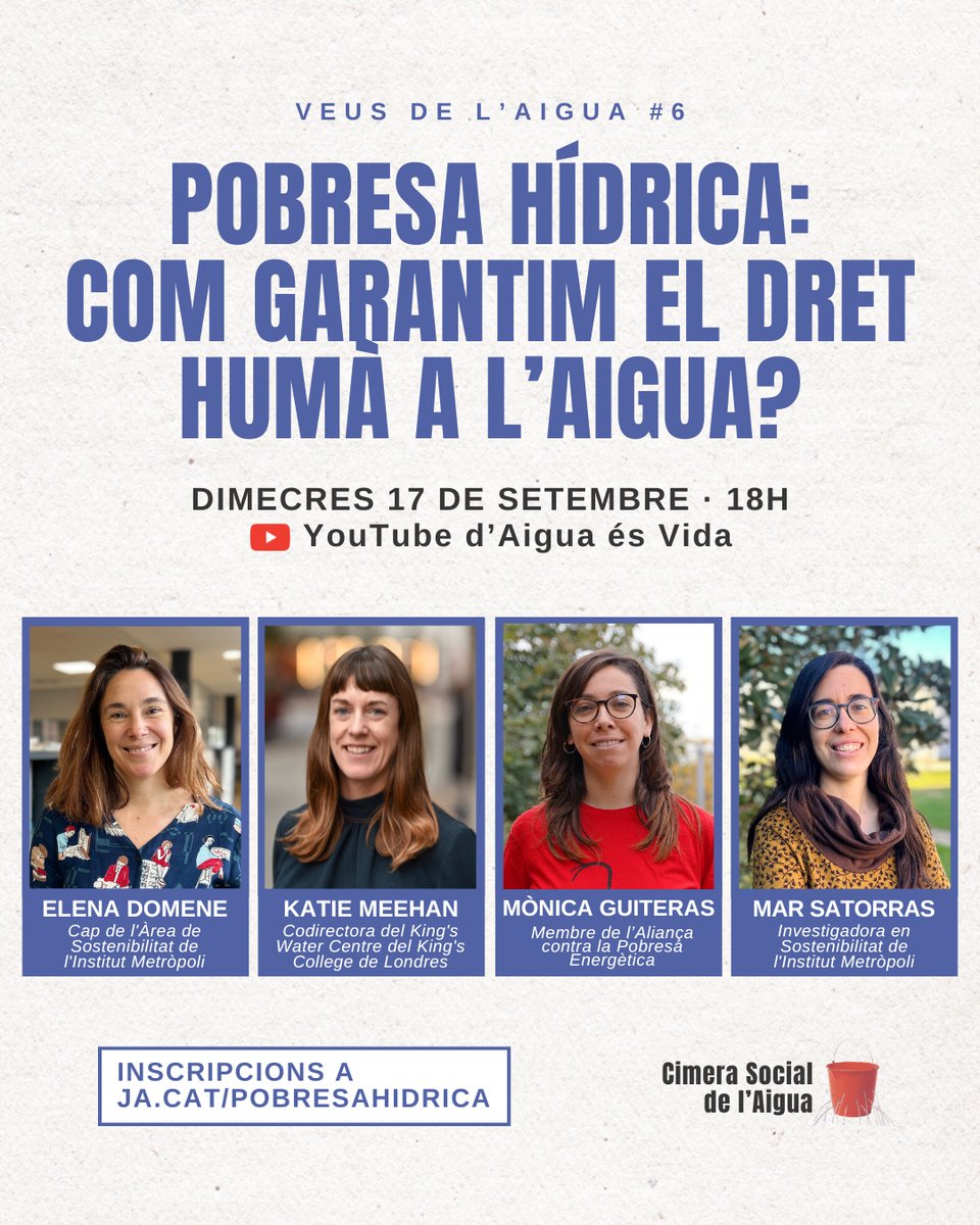 🔴 Pobresa hídrica: Com garantim el dret humà a l’aigua?

L'APE participarem d'aquesta nova xerrada que organitza la Cimera Social de l’Aigua.

🗓️ 17 de setembre
⏰ 18h
💻 Youtube d'<a href="/aiguaesvida/">Aigua és Vida</a> 

📲 Inscriu-t’hi: ja.cat/pobresahidrica