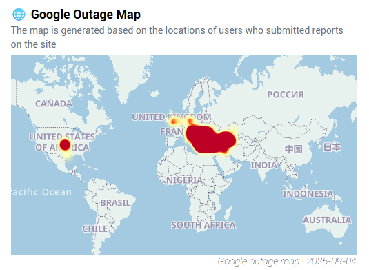 Google'a ait tüm servisler çalışmıyor. #Google #Youtube #Gmail 

Google erişim sorunu yaşayan bölgeler Ortadoğu ve Avrupa'nın bir kısmı...