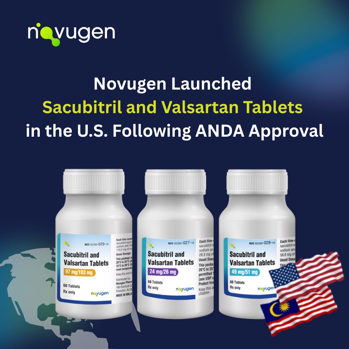 novugenpharma's tweet photo. We are proud to announce that Novugen has launched Sacubitril and Valsartan Tablets (24mg/26mg, 49mg/51mg, and 97mg/103mg) in the U.S., following the recent Abbreviated New Drug Application (ANDA) approval granted by the U.S. Food and Drug Administration (USFDA). https://t.co/RdxP4XueaI