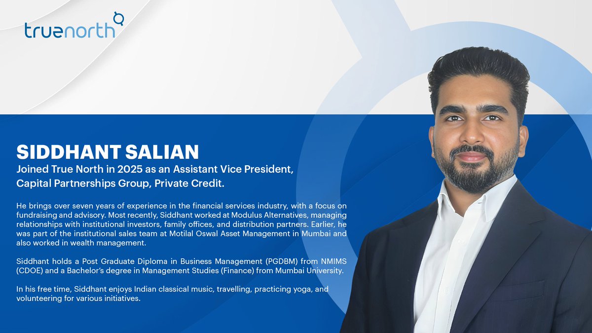 We're pleased to welcome Siddhant to our Private Credit team at True North.

He brings over seven years of experience in the financial services industry, with expertise in fundraising and advisory.

Welcome aboard, Siddhant!

#Appointment #PrivateCredit #BuildingBusiness